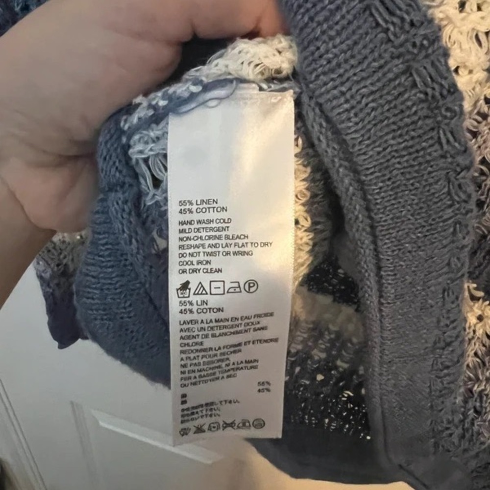 Tommy Bahama Blue & White Striped Open-Knit V-Neck Hoodie Sweater - Picture 5 of 5